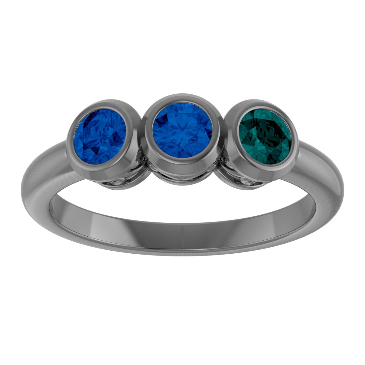 14K White Lab-Grown Blue Sapphire Three-Stone Bezel-Set Ring     